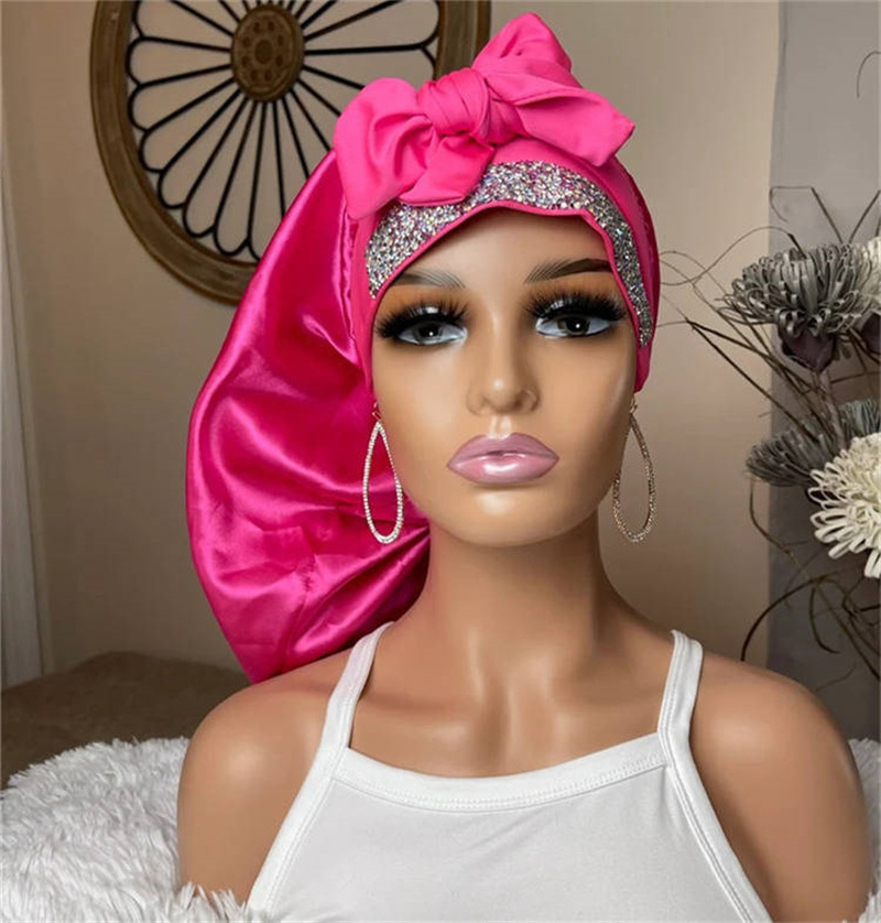 Customize Satin Hair Rhinestone Bonnet Bling Bonnet Long Designer Hair Diamond Bonnets