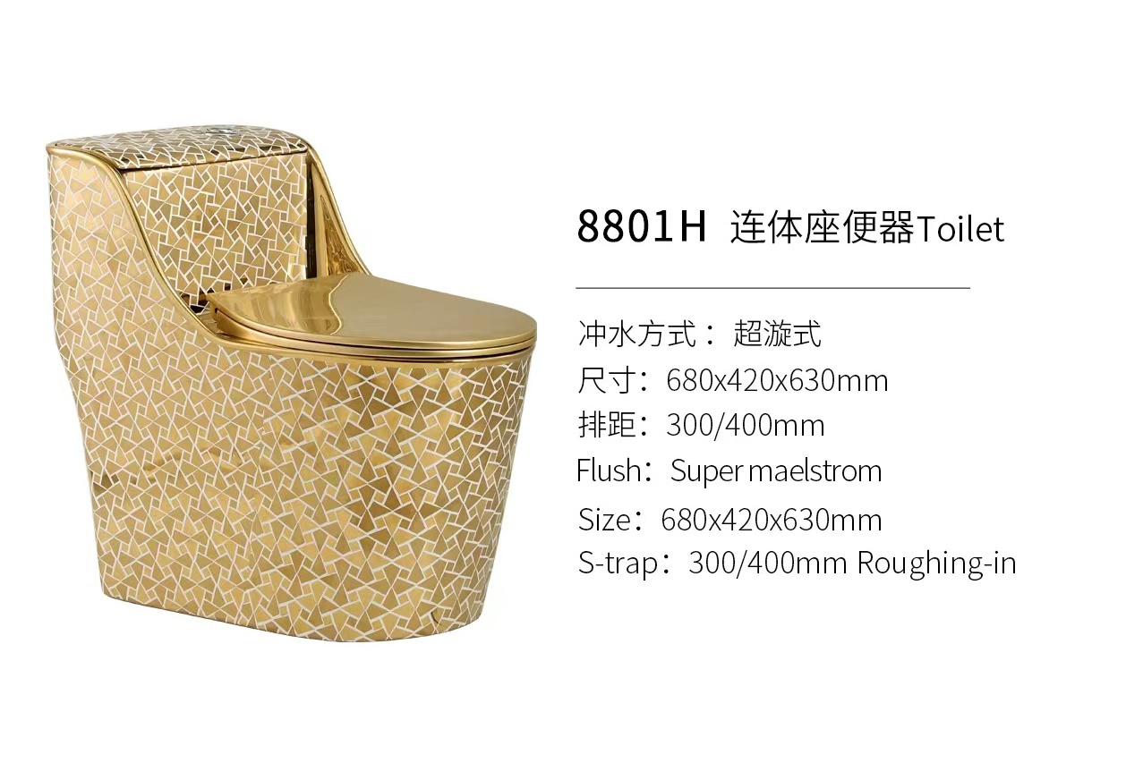 Luxury Bathroom Sanitary Ware Electroplated Ceramic Gold Pattern Black Color Toilet