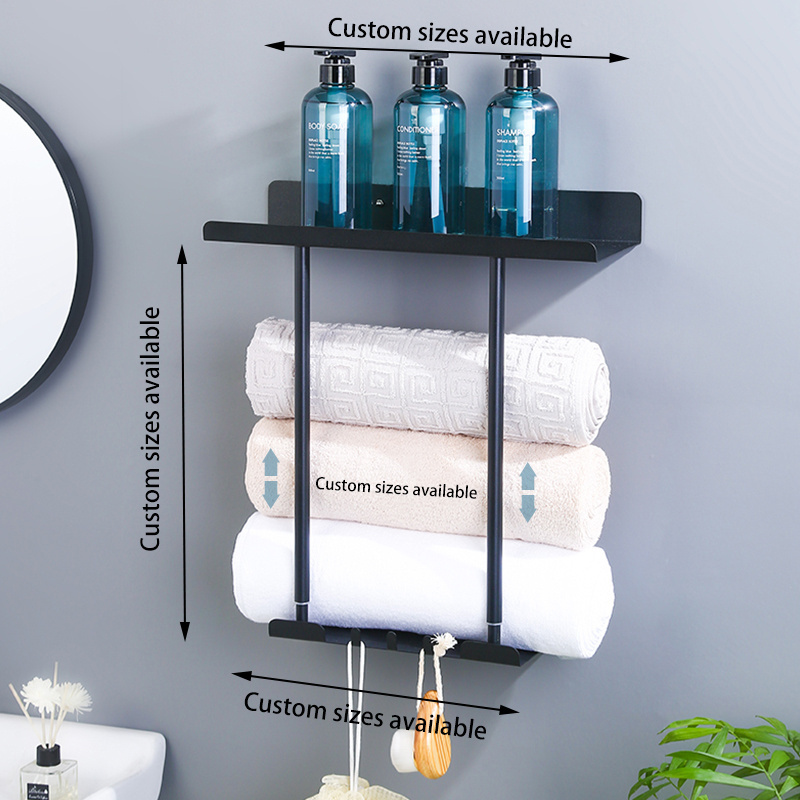 Vertical Hot Sell Matt Black Towel Rack Self Adhesive Bathroom Rack Black Towel Holder