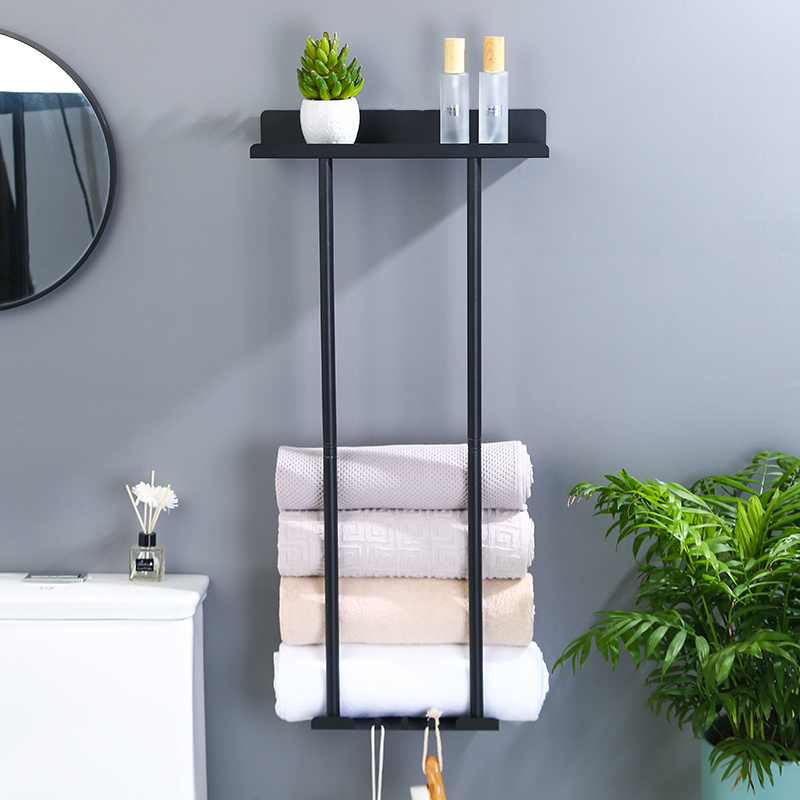 Vertical Hot Sell Matt Black Towel Rack Self Adhesive Bathroom Rack Black Towel Holder