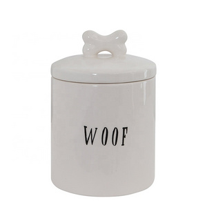 Ceramic Dog Treat Jar with Bone Handle in Lid 6" Round x 8.5" Tall White