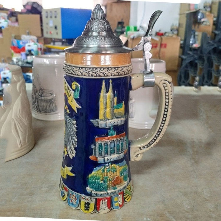 Wholesale Custom German ceramic beer mug with metal lid