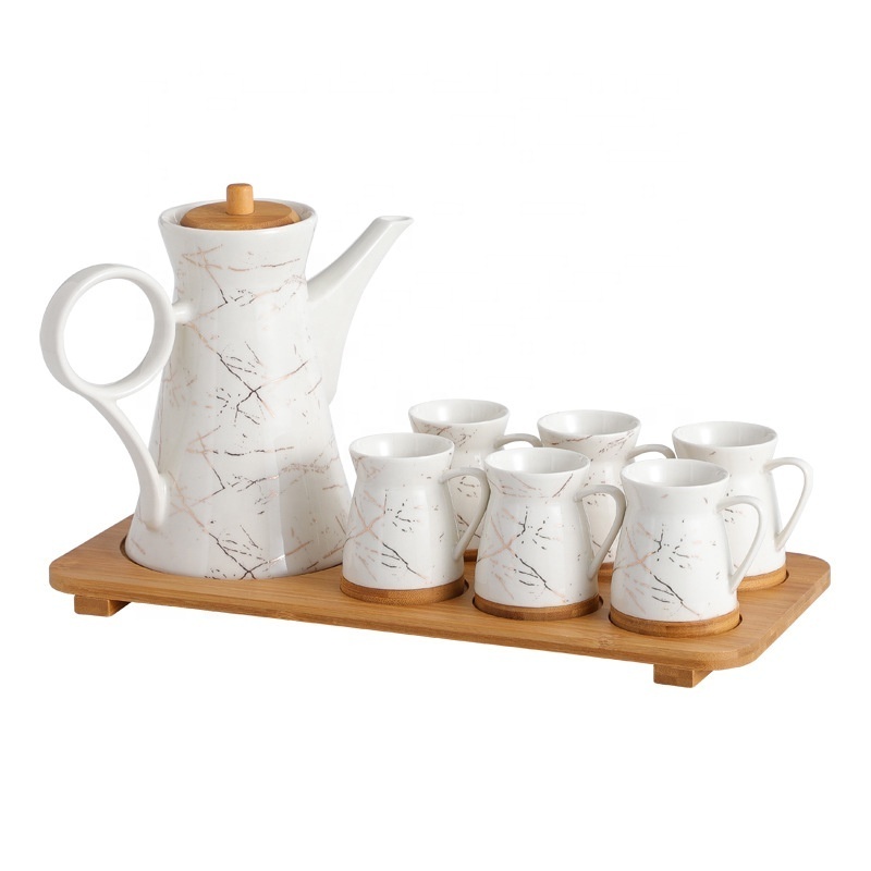 Ceramic Teapot Set Porcelain Teapot for 6 Cups with Wooden Tray Modern Tea Cups Set Tea service  for Home Office