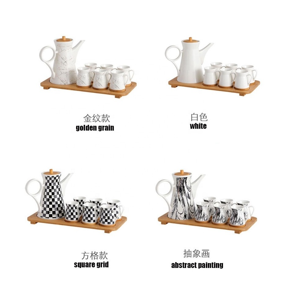 Ceramic Teapot Set Porcelain Teapot for 6 Cups with Wooden Tray Modern Tea Cups Set Tea service  for Home Office