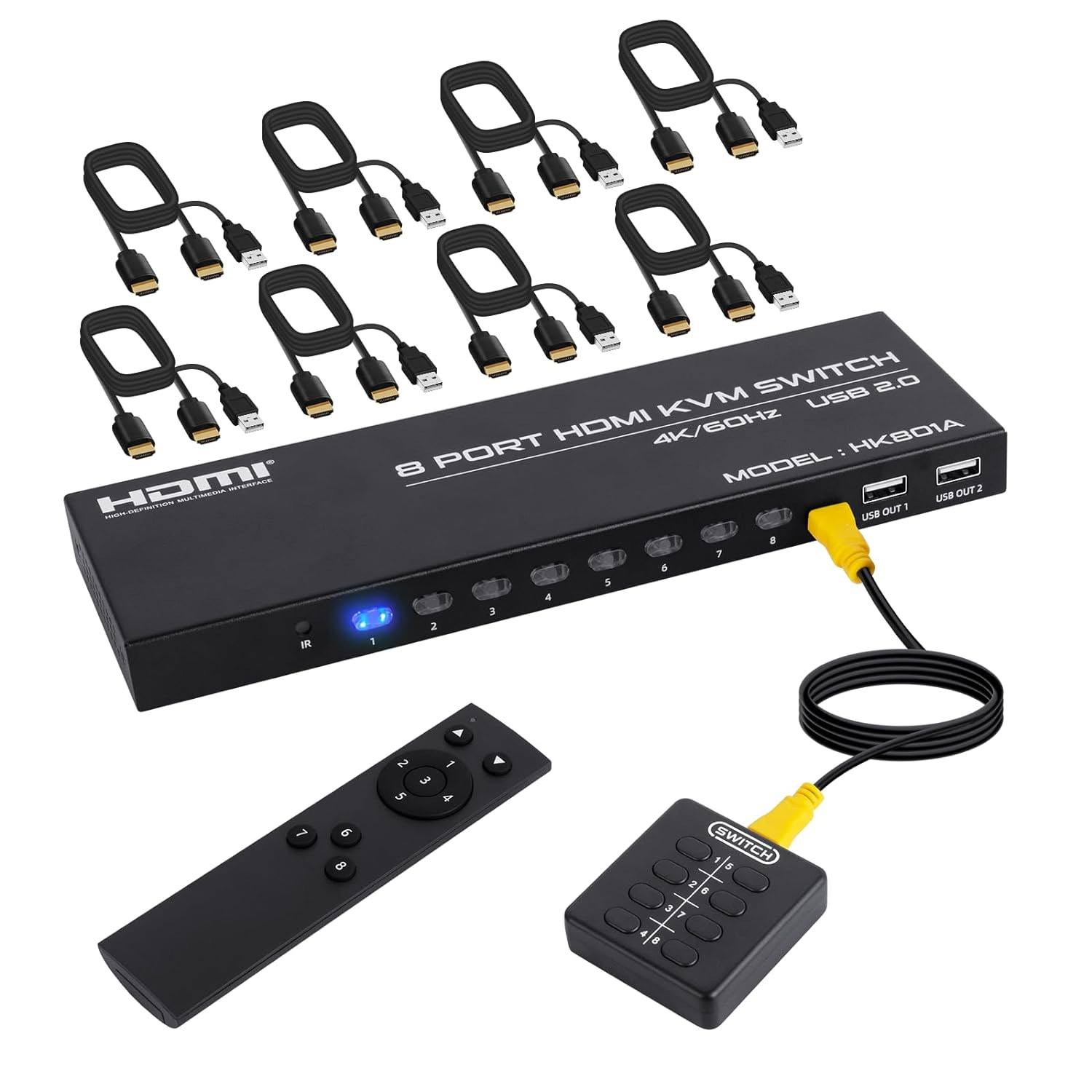 FJGEAR Manual 4K HDMI KVM Switch with Hotkey Selector 8 Port HDMI Input USB Output Black High Definition Video Switch