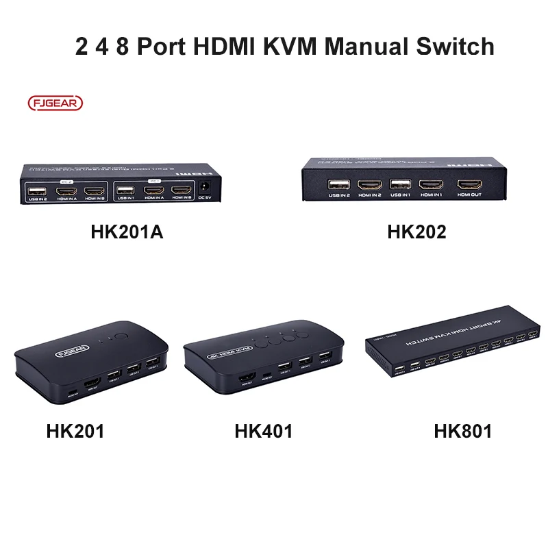 FJGEAR Manual 4K HDMI KVM Switch with Hotkey Selector 8 Port HDMI Input USB Output Black High Definition Video Switch