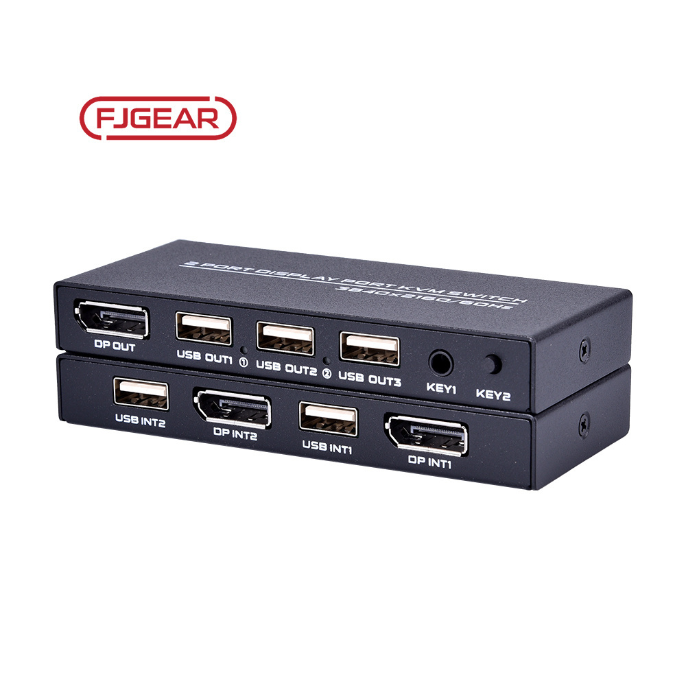 FJ-DK201 Fjgear 2 way DP kvm switch 2 in 1 out 2 hosts share a computer plug and play with metal case 4k usb2.0