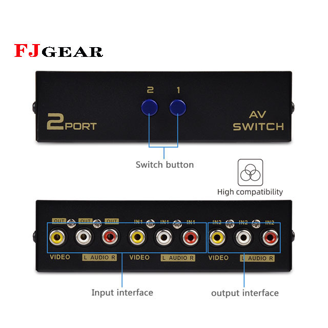 FJGEAR ,high quality and  durable   DVD 2 port av video audio switcher 2 input 1 output av switch