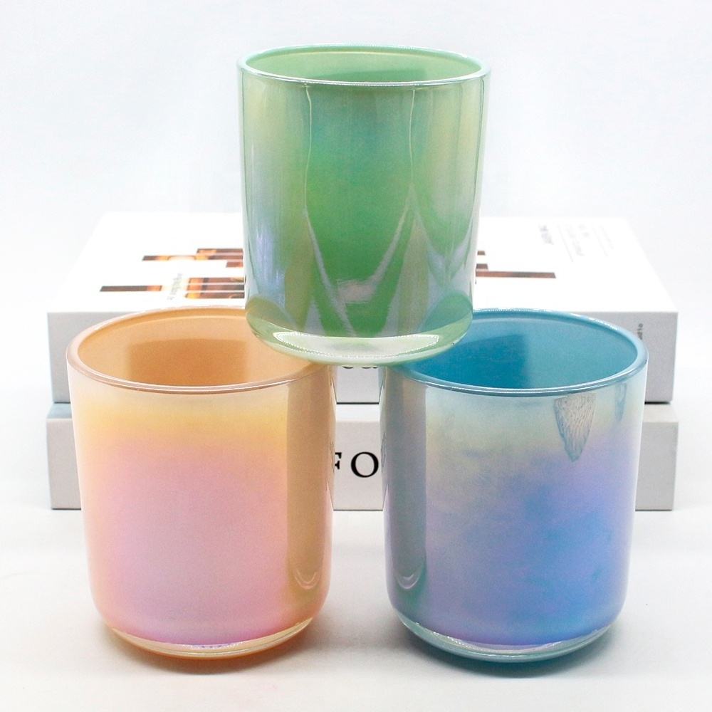 FENGJUN electroplated 420ml high end 12 oz pretty candle making supplies olive green iridescent prayer shiny candle glass jars