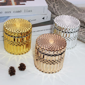 FENGJUN 13 oz 14 oz 15 oz mirror reflective ribbed glass candle holder with lid luxury rose gold silver prism candle container