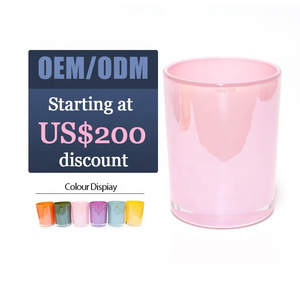 FENGJUN Luxury custom 18OZ heat resistant iridescence colored pink candle holder big empty glass candle jar for Candle Making