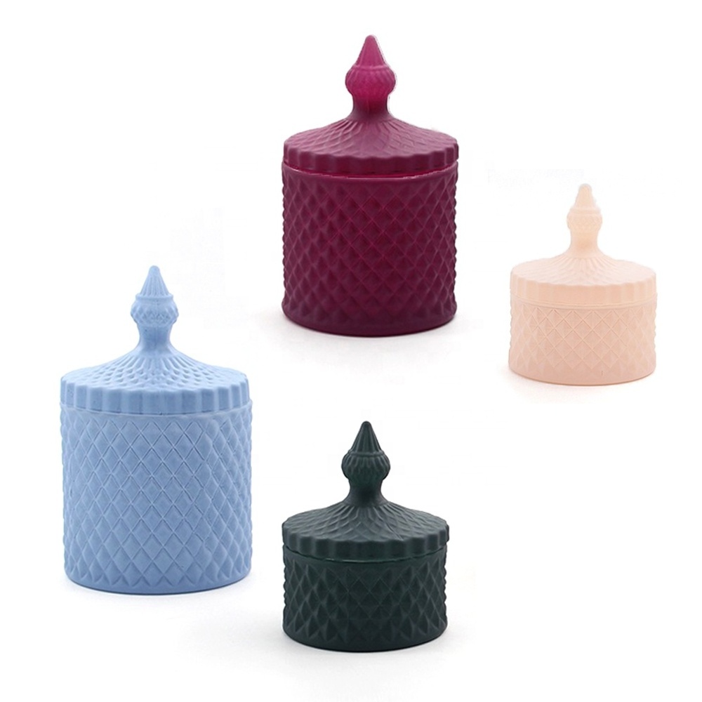 FENGJUN diamond surface cylinder unique luxury geo cut frosted glass candles jars vessel with glass lid for candles