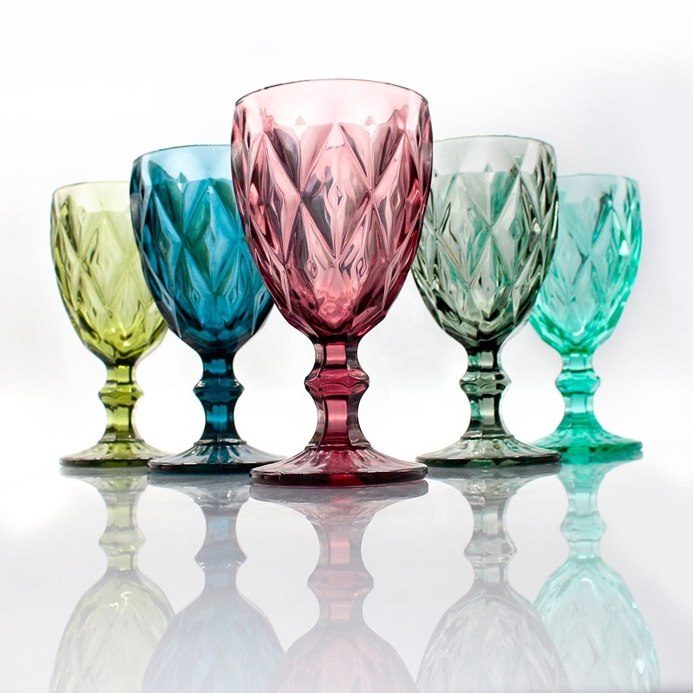 FENGJUN Wholesale Glassware Colored Goblet Wine Glasses Water Glass press embossed Glass Goblets