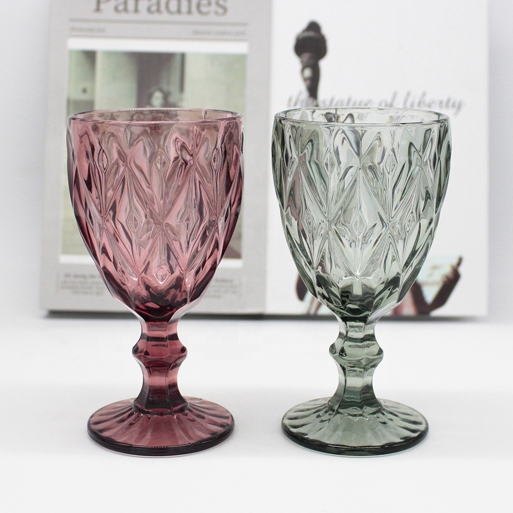 FENGJUN Wholesale Glassware Colored Goblet Wine Glasses Water Glass press embossed Glass Goblets