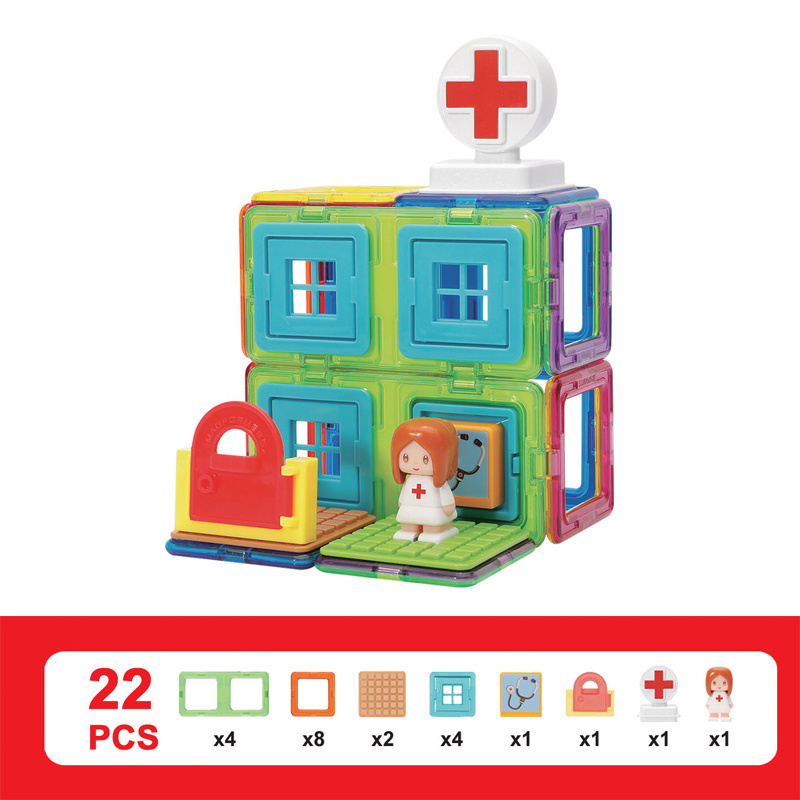 Upgraded Doctor Toys 22pcs Magnet Tiles Hospital Model Construction Toys Magnetic Building Block Sets