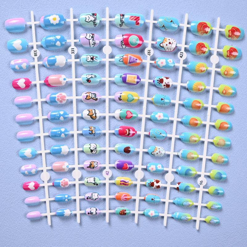 Wholesale Cute Kids Press On Nails Colorful Ready To Wear False Nails With Glue Pre-glued Fake Nails For Kids