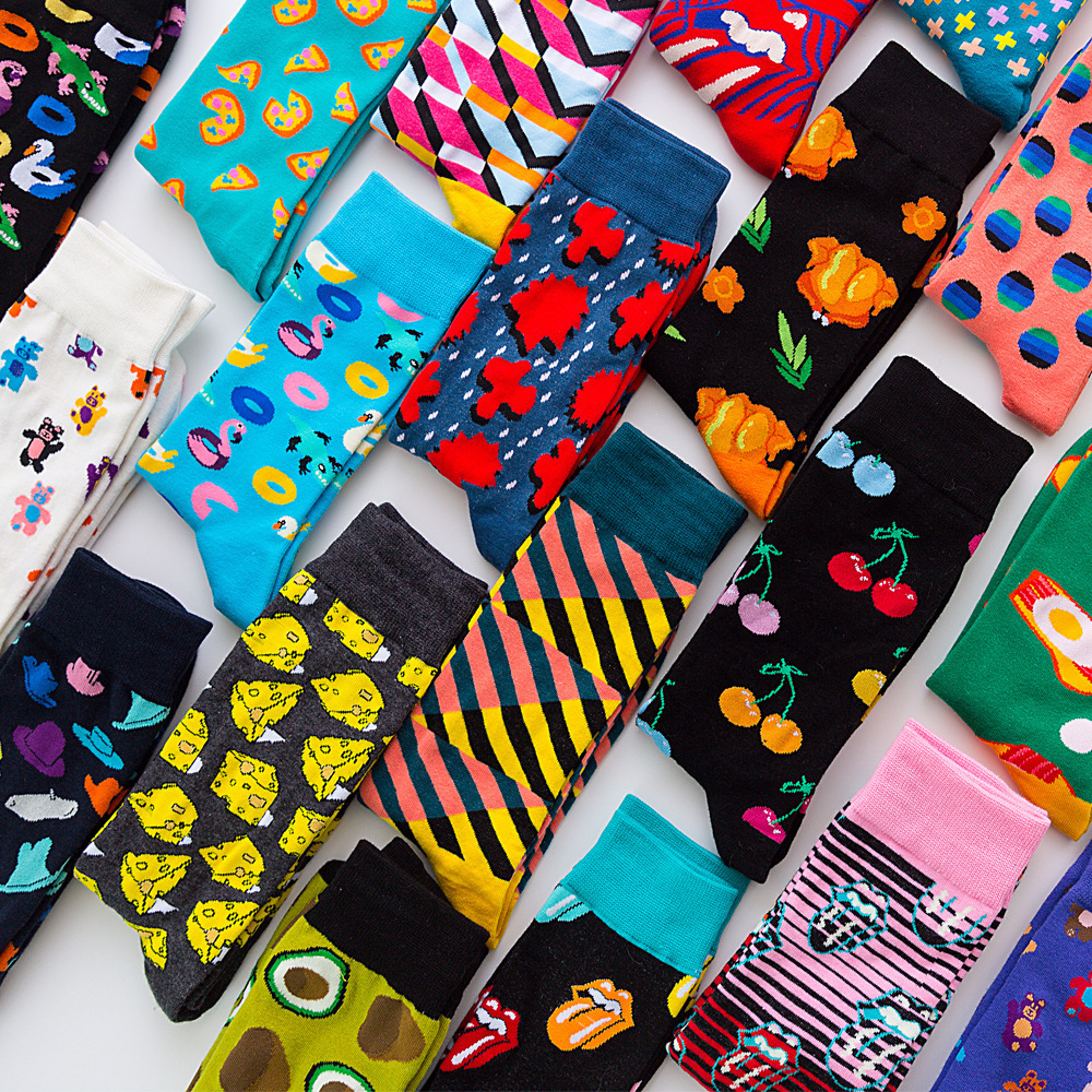 Wholesale funny crazy designer socks cool funky fashion custom logo cotton novelty socks fancy sox tube crew happy dress socks