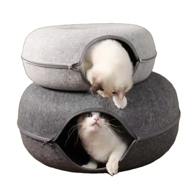 Wash Custom Cute Luxury Soft Small Pet Bed for Dog Donuts Shape Custom designs Felt Round Tunnel Pet Cat Bed for play