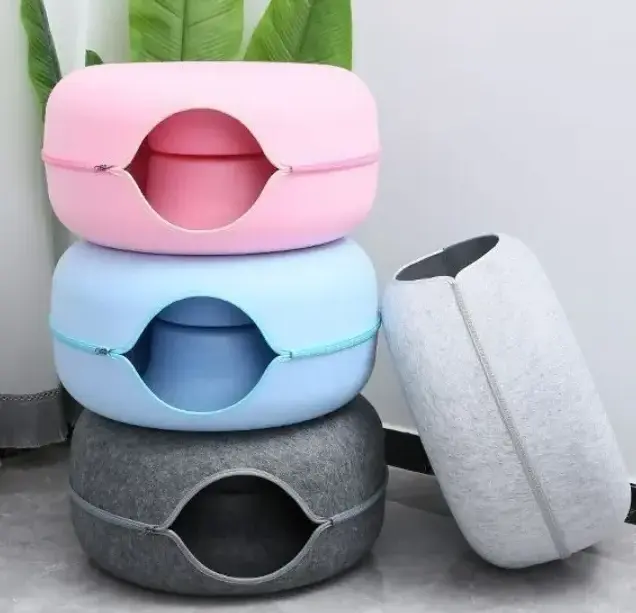 Wash Custom Cute Luxury Soft Small Pet Bed for Cat Donuts Shape Custom designs Felt Round Tunnel Pet Cat Bed for play