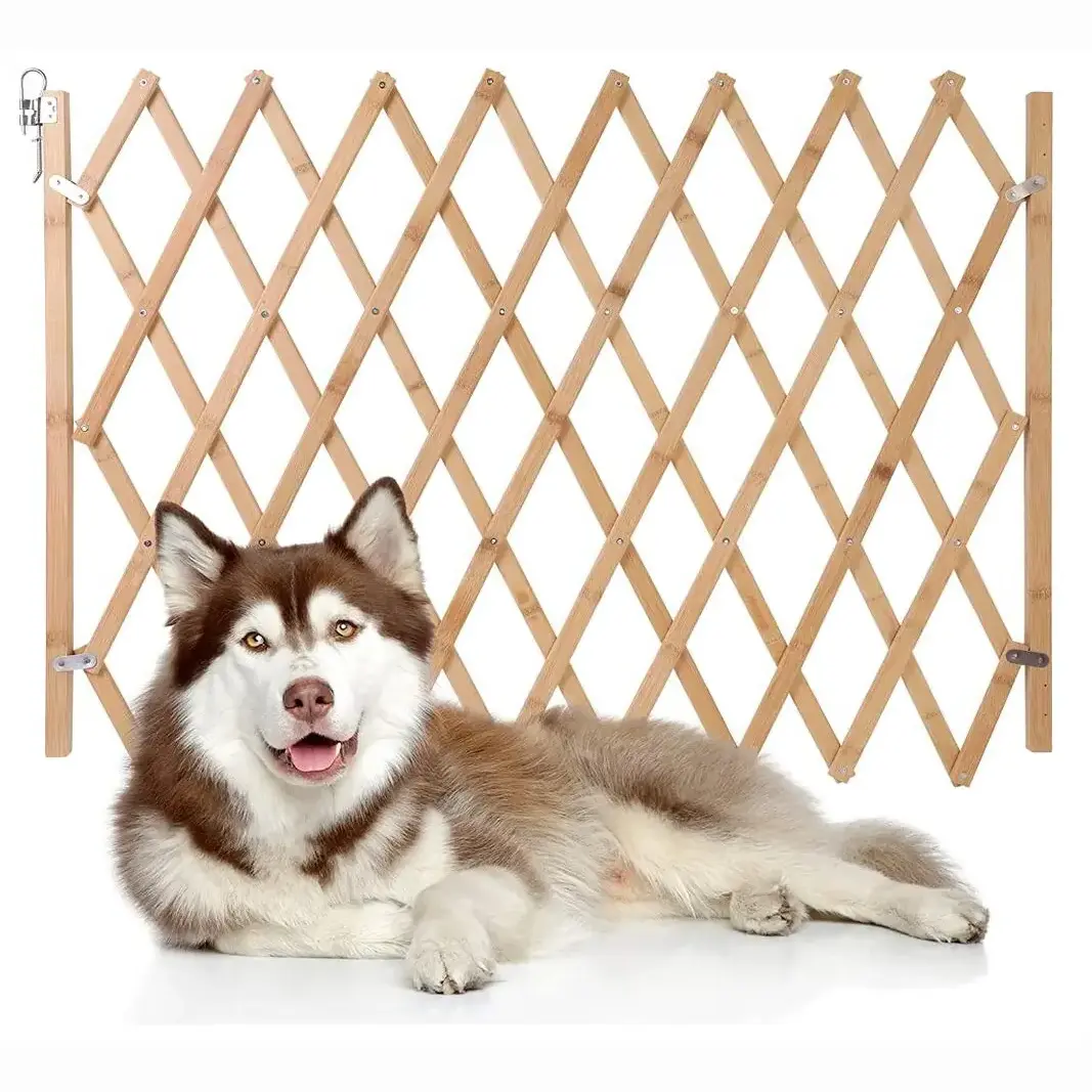 Fengmu mesh pet gate  free dog cages and crates Wooden Folding Pet Dog Gate  temporary dog fence