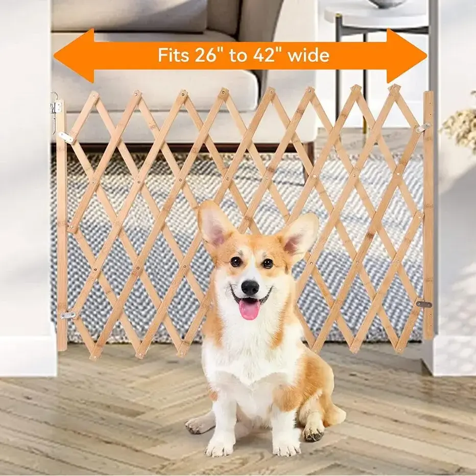 Fengmu mesh pet gate  free dog cages and crates Wooden Folding Pet Dog Gate  temporary dog fence