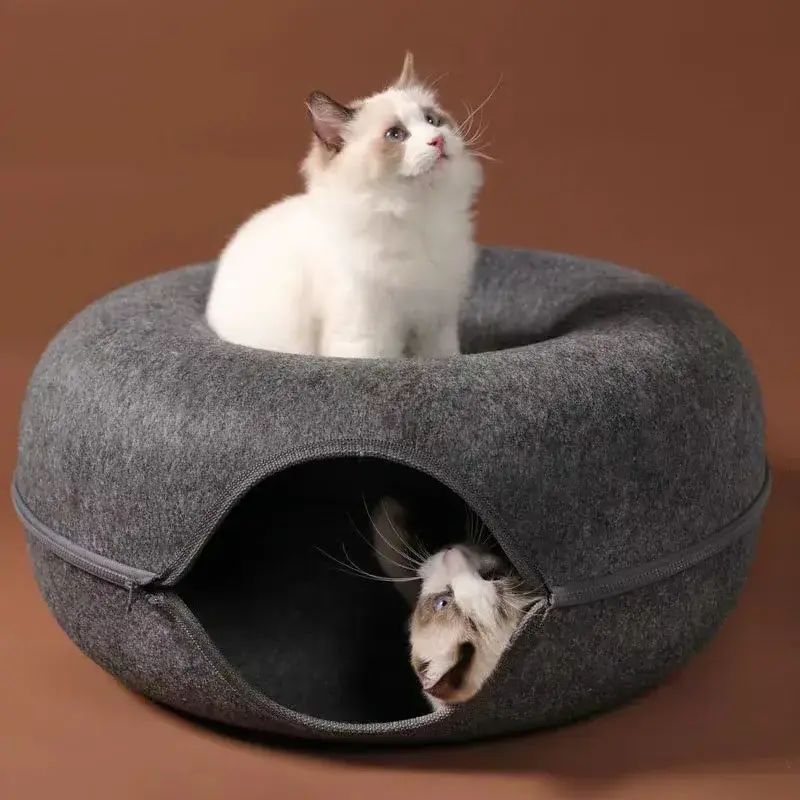 Wash Custom Cute Luxury Soft Small Pet Bed for Cat Donuts Shape Custom designs Felt Round Tunnel Pet Cat Bed for play