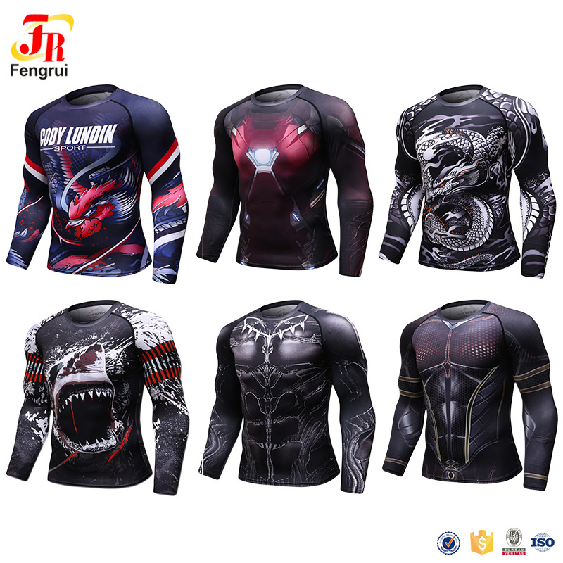 Wholesale Sublimated Superhero Rash Guard Mens 3D Long Sleeve Compression Shirt