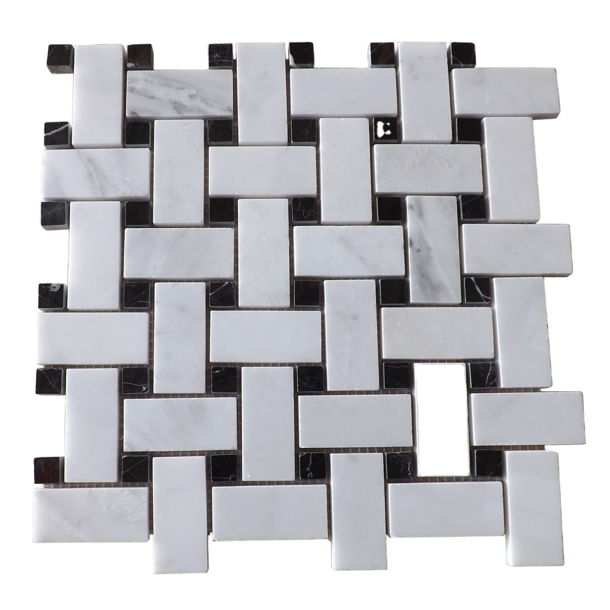 Honed Black Marquina and White Marble Basketweave Floor Tile