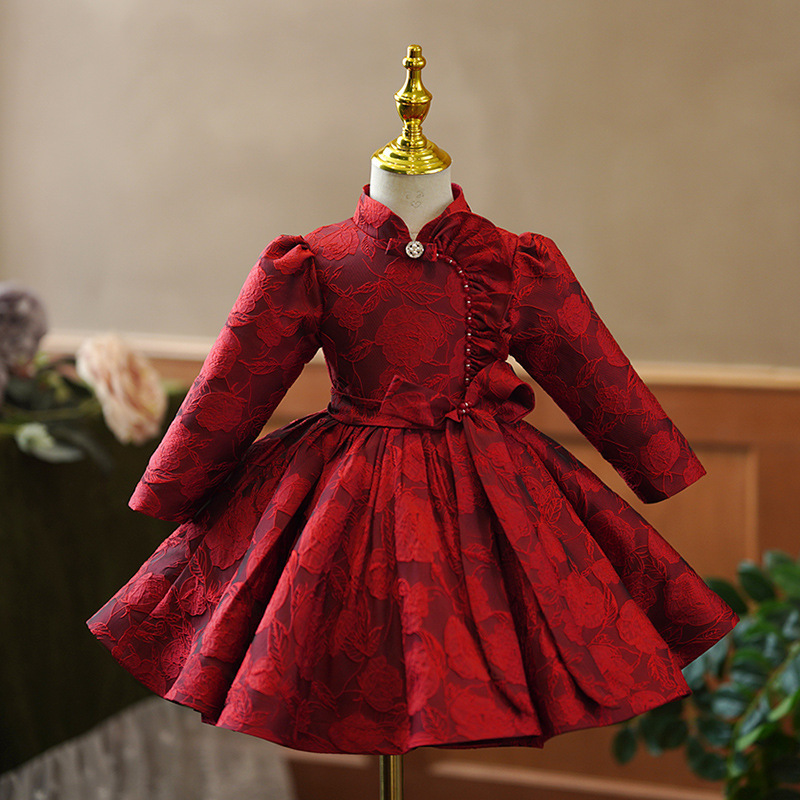 New Arrival Girls Fashion Puff Sleeve Dress Big Children Chinese Style Embroidery Flowers Princess Dress