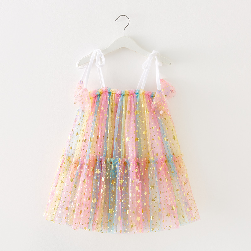 Girls Summer Fluffy Dresses Baby Kids Sweet Mesh Sequin Stars Tutu Toddler Lace Up Halter Dress