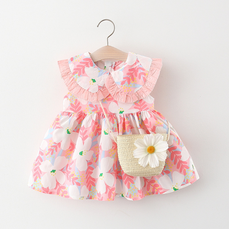 Summer Cute Lace Princess Dress Fancy Floral Design Dress With Bag For Toddler Baby