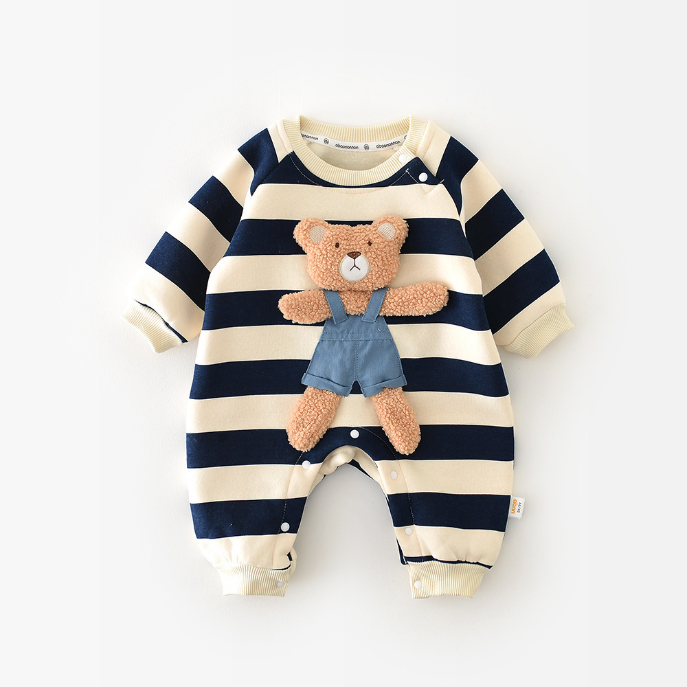 Wholesale cute boy and girl baby jumpsuit winter warm striped baby jumpsuit baby bear crawling suit