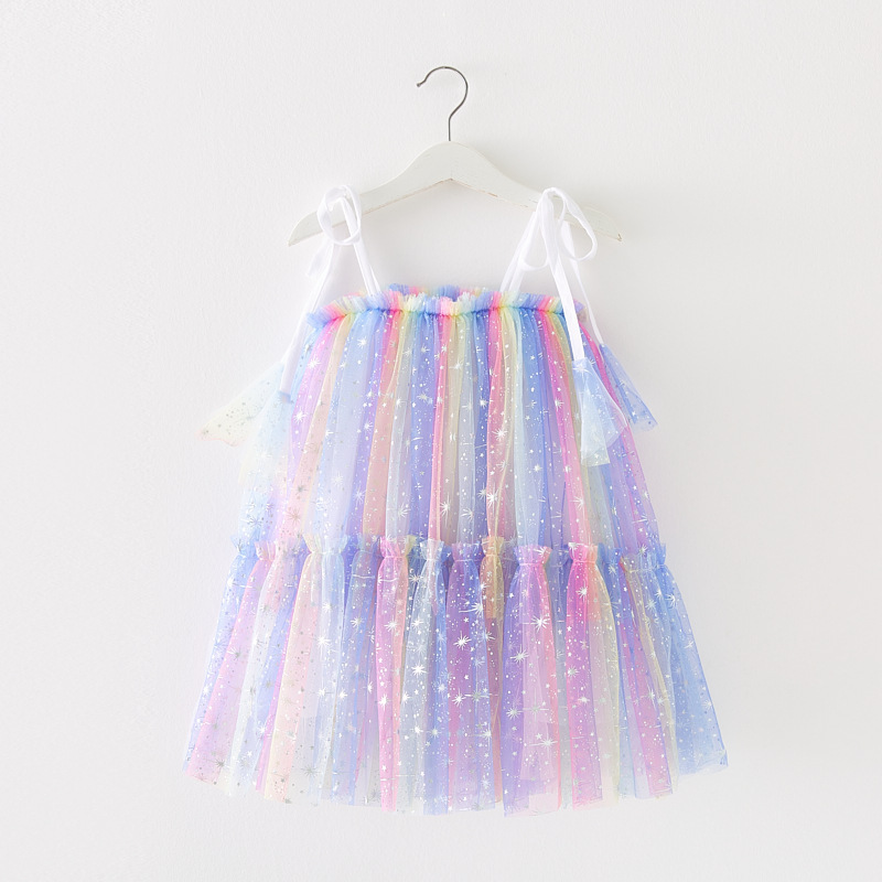 Girls Summer Fluffy Dresses Baby Kids Sweet Mesh Sequin Stars Tutu Toddler Lace Up Halter Dress