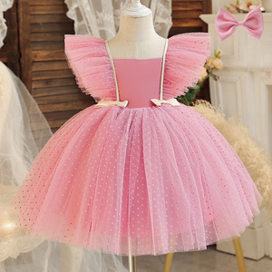 Girl's Flying Sleeves Wave Dotted Mesh Princess Dress 2023 Baby Birthday Party Banquet Dress Children's Formal Clothing