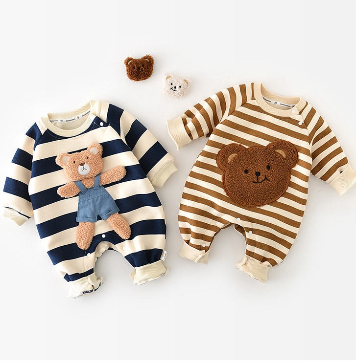 Wholesale cute boy and girl baby jumpsuit winter warm striped baby jumpsuit baby bear crawling suit