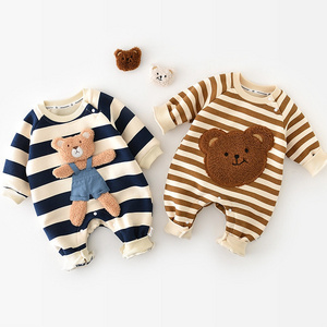 Wholesale cute boy and girl baby jumpsuit winter warm striped baby jumpsuit baby bear crawling suit