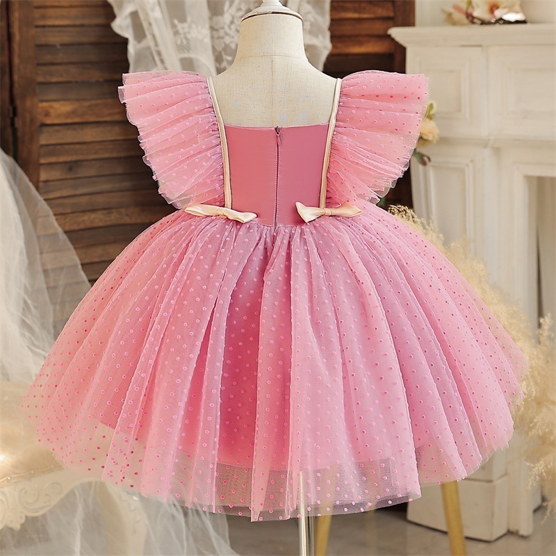 Girl's Flying Sleeves Wave Dotted Mesh Princess Dress 2023 Baby Birthday Party Banquet Dress Children's Formal Clothing