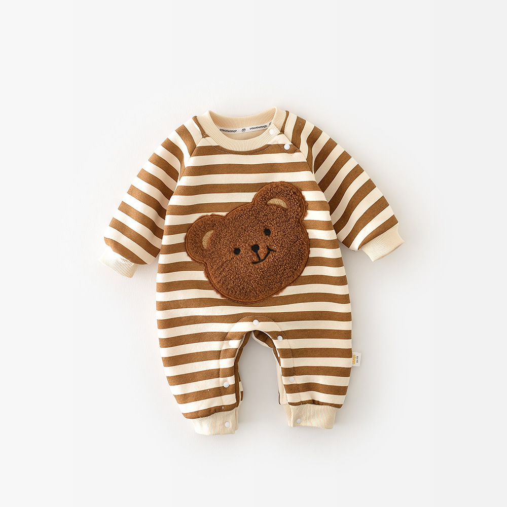 Wholesale cute boy and girl baby jumpsuit winter warm striped baby jumpsuit baby bear crawling suit