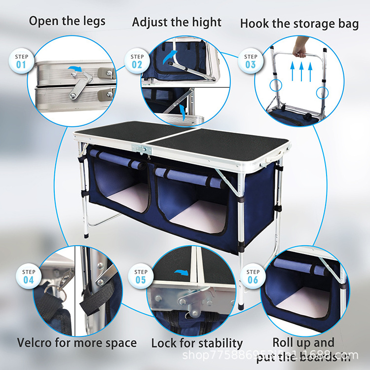 Outdoor Aluminum Lightweight Height Adjustable Folding Camping Cabinet Portable Camping Kitchen Table With Storage Organizer