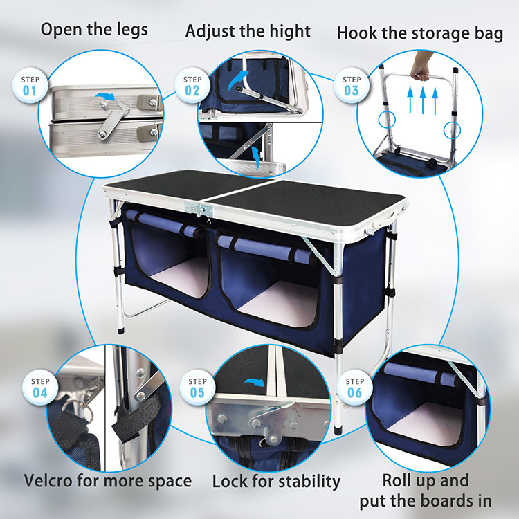 Outdoor Aluminum Lightweight Height Adjustable Folding Camping Cabinet Portable Camping Kitchen Table With Storage Organizer