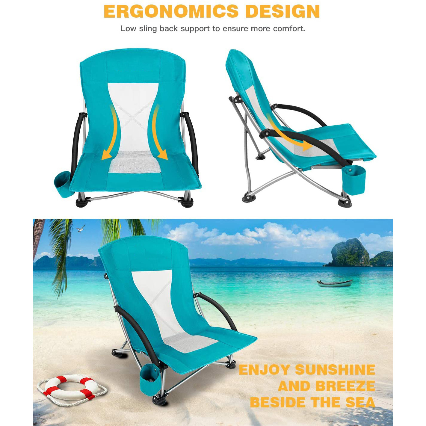 Low Sling Beach Chair for Camping Concert Lawn, Low and High Mesh Back Two Versions