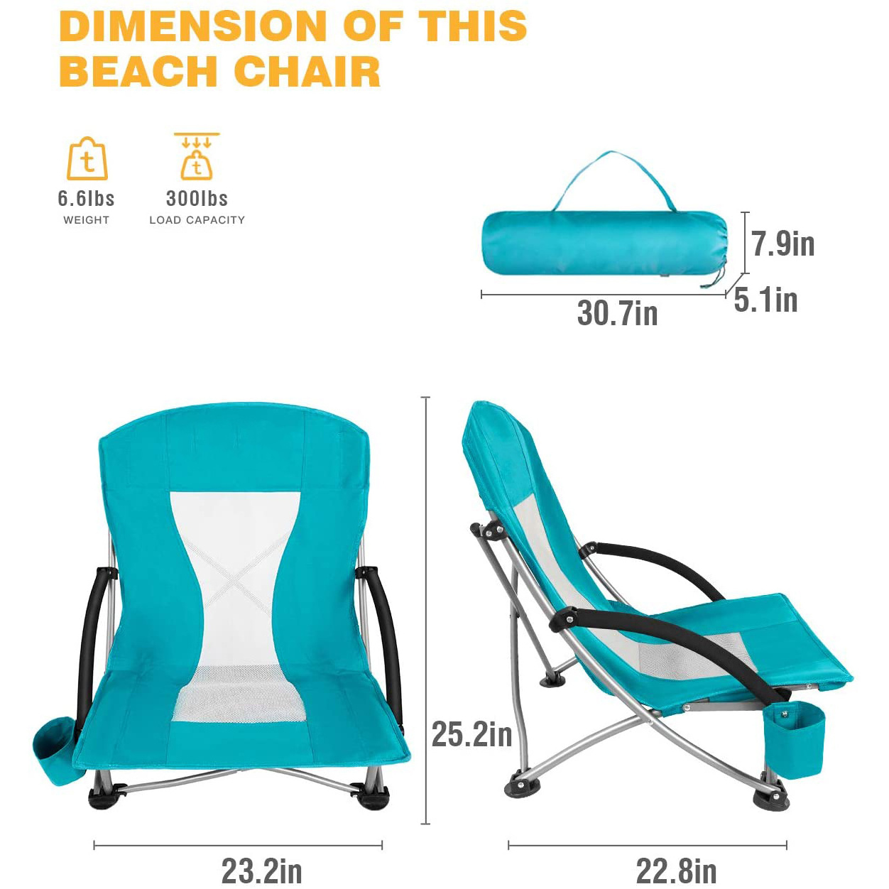 Low Sling Beach Chair for Camping Concert Lawn, Low and High Mesh Back Two Versions