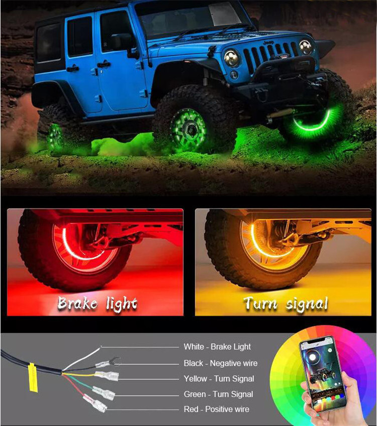 15.5inch 17inch APP Multi-Colors 4 Lights Car Tire Lights Double Row Dual Raw RGB Led Wheel Ring Lights