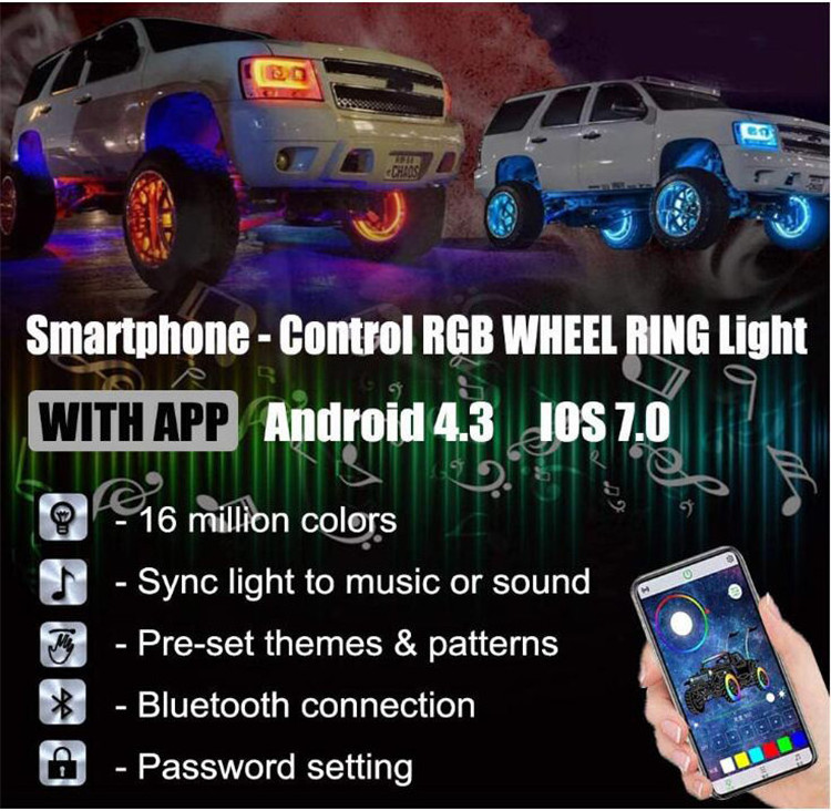 15.5inch 17inch APP Multi-Colors 4 Lights Car Tire Lights Double Row Dual Raw RGB Led Wheel Ring Lights