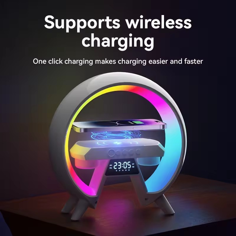 Multifunction BT Wireless Smart Speaker With RGB Colorful Atmosphere LED Night Light Wake Up Clock Phone Wireless Charger