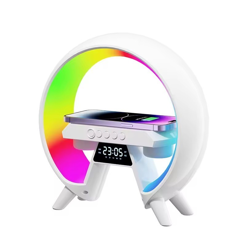 Multifunction BT Wireless Smart Speaker With RGB Colorful Atmosphere LED Night Light Wake Up Clock Phone Wireless Charger