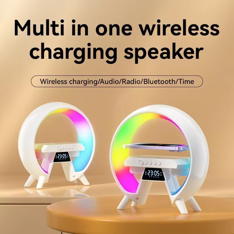 Multifunction BT Wireless Smart Speaker With RGB Colorful Atmosphere LED Night Light Wake Up Clock Phone Wireless Charger