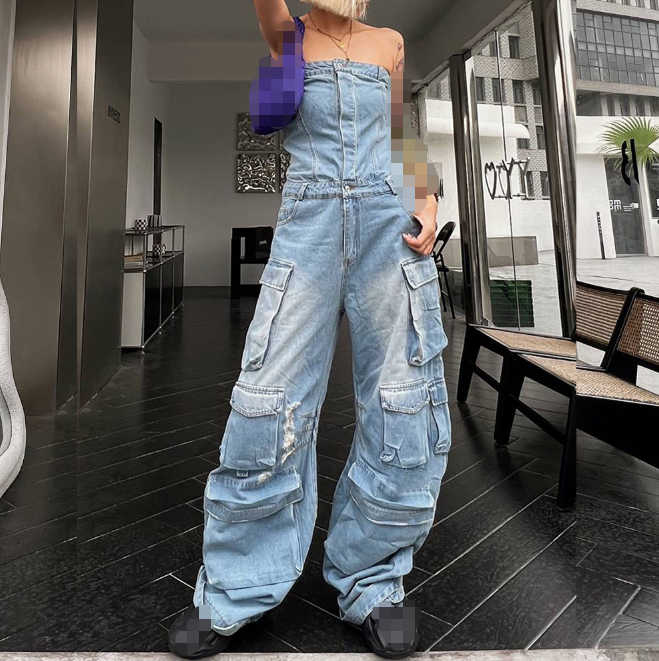 Fengway Trendy Washed Denim Jumpsuits Women Sleeveless Wrap Romper Streetwear Multi Pocket Cargo Jumpsuits