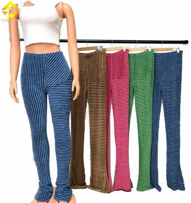 Fall 2023 Women Clothes Fuzzy Stacked Flare Pants Fashion Fur Stripes Flare Pants High Waist Stretchy Stacked Pants