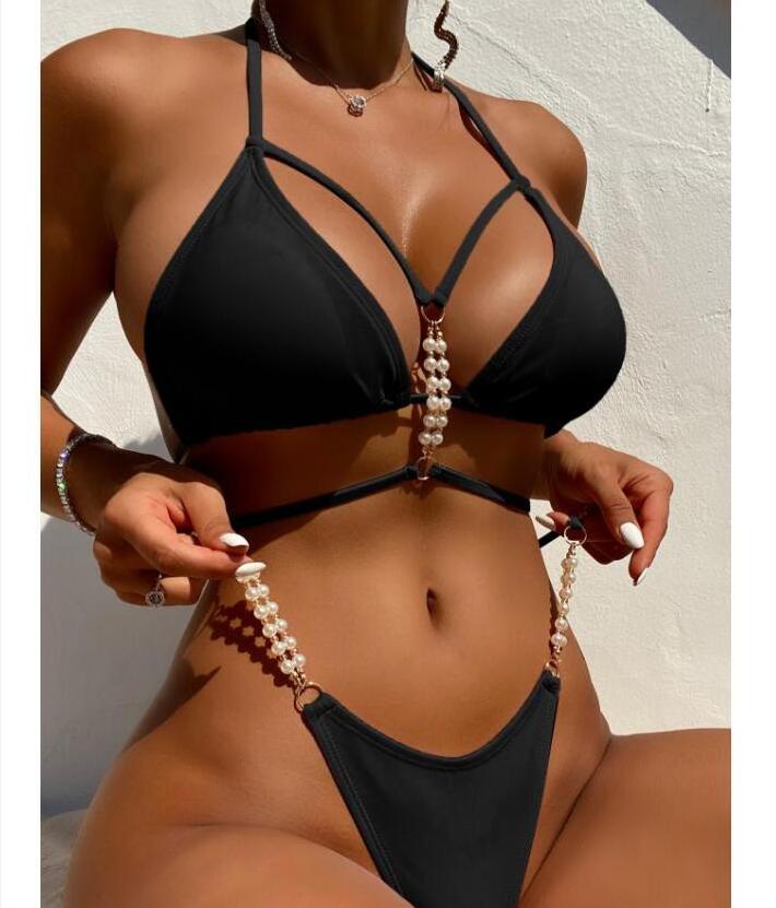 STOCK Pearls Jewel Triangle Top With Pad Sexy Women Micro Swimwear Thong Bikini